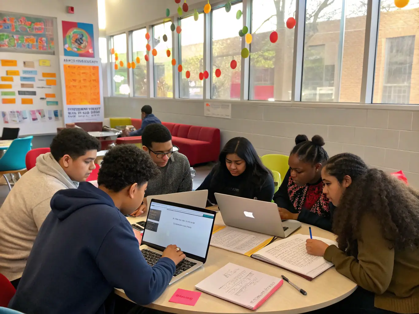 A diverse group of students collaborating on a project in a modern classroom setting, reflecting the collaborative learning environment at INSTITUTO SUPERIOR ANDINO AMERICANO.
