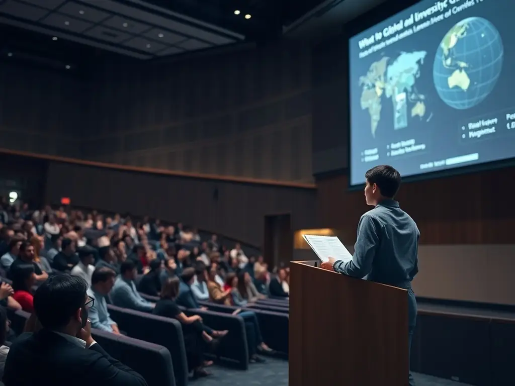 A student presenting research findings at an international conference, highlighting the global opportunities available through the Master of International Relations program.