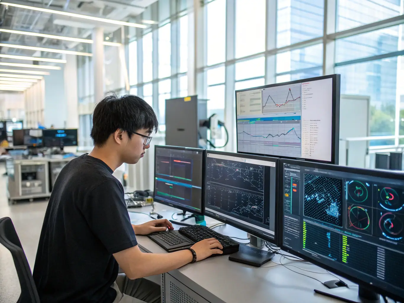 A student working on a computer in a modern lab, showcasing the technological resources available for students in the Technology and Innovation program.